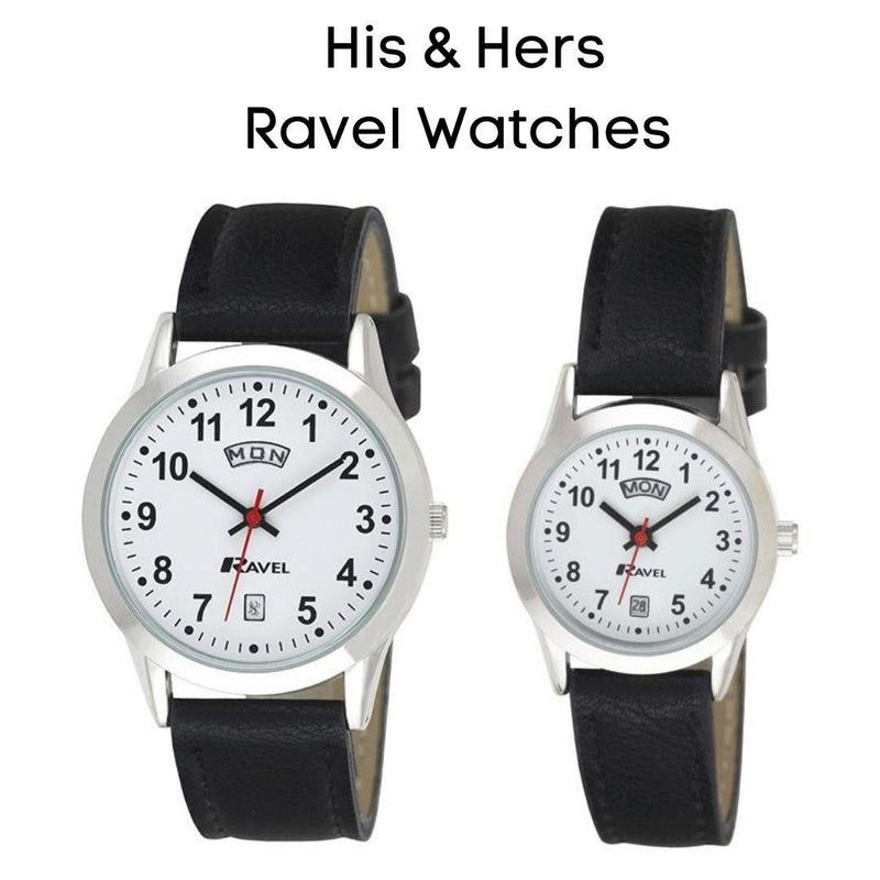 Ravel Mens Stainless Steel Day/Date Faux Leather Strap Watch + Ravel Womens Stainless Steel Day/Date Faux Leather Strap Watch R0706.20.1+R0706.20.2