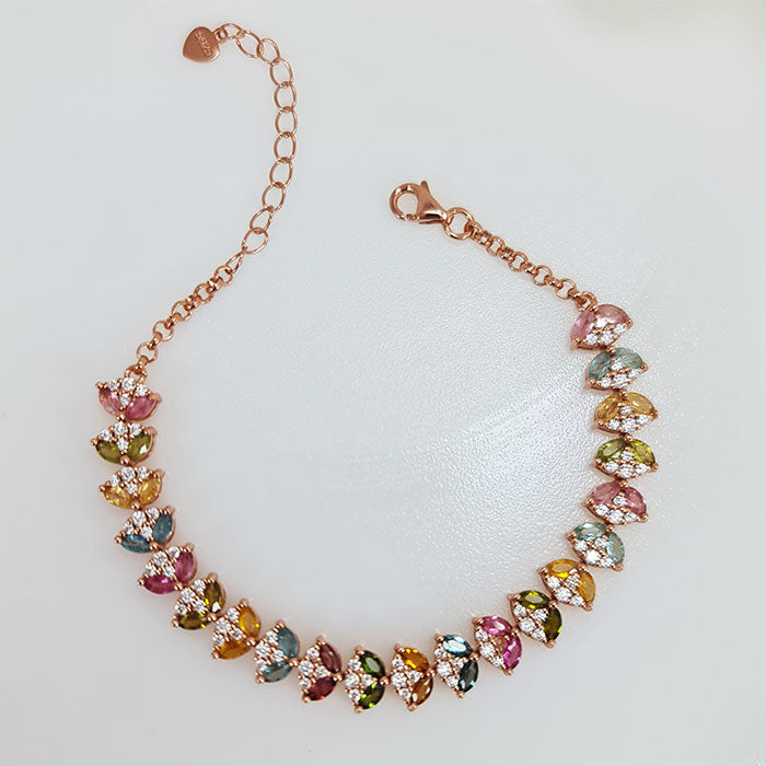 Floral Harmony Bracelet are made of original multi gemstones Citrine, Topaz & Tourmaline and high-quality silver with rose gold plating for birthstone, party, and casual wear. lightweight, delicate, dainty designer jewelry.