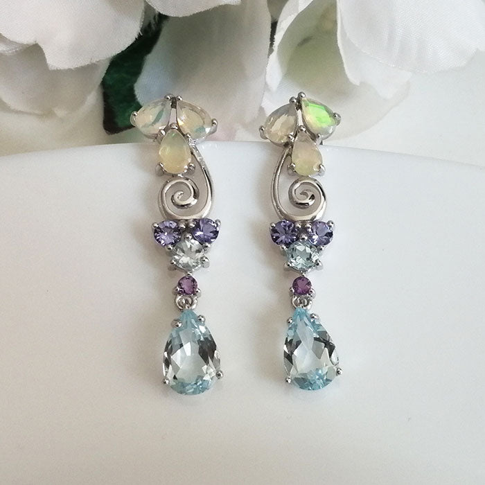 Marvelous Opal, Tanzanite, Blue Aquamarine Earrings