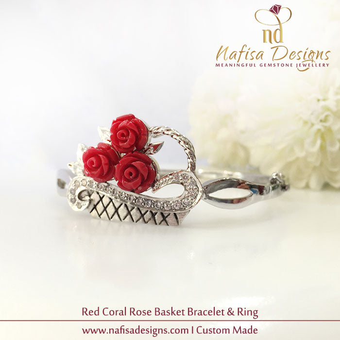 Red Coral Rose Basket Bracelet & Ring