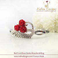 Red Coral Rose Basket Bracelet & Ring