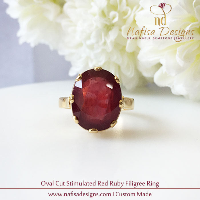 Oval Cut Stimulated Ruby Filigree Ring