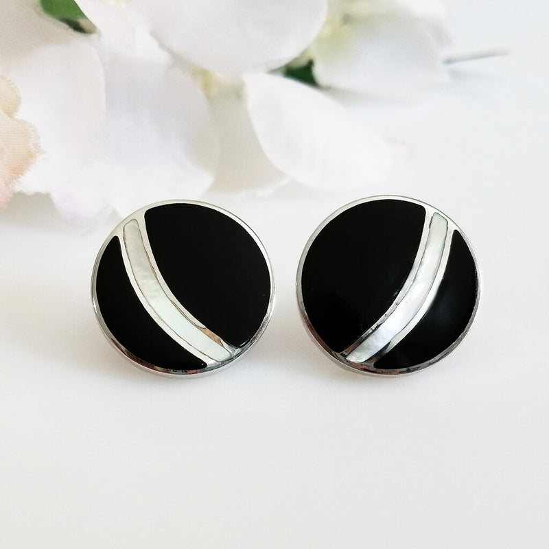 Round Moonstone & Onyx Studs
