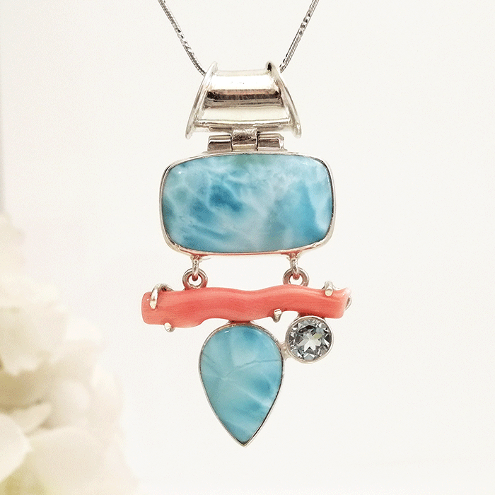 Shoreline Pendant - Larimar, Topaz & Coral