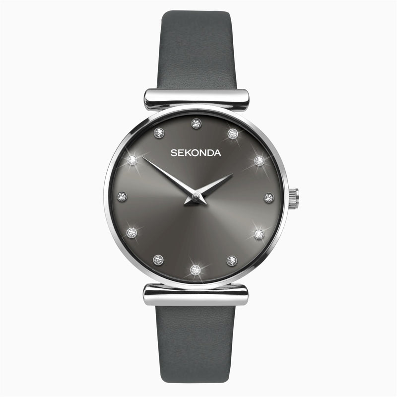 Sekonda Womens Grey Dial Silver Case & Black Leather Strap Watch