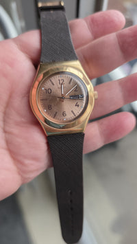 Classic Swatch Rose Gold Analog Watch for Women in Brown Strap