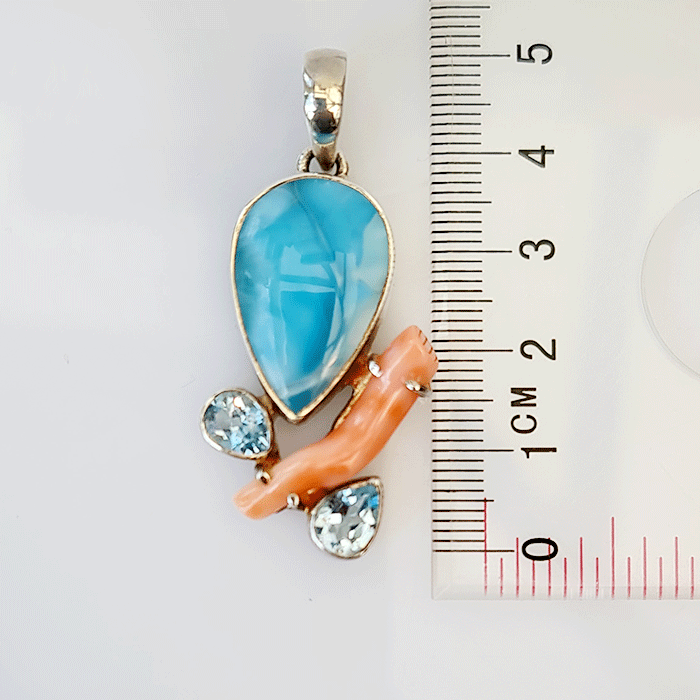 Riverine Pendant - Larimar, Coral & Topaz (11.32 gms)