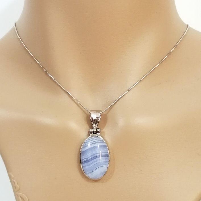 Blue Lace Agate Pendant in high quality silver ready available at Nafisa Designs