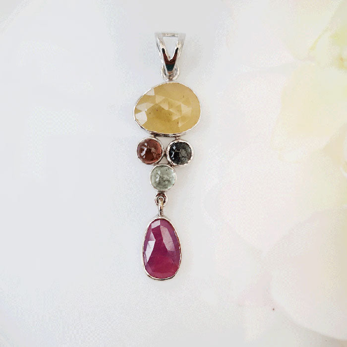 Sophisticated Pendant in Yellow Sapphire, Ruby & Tourmaline made in 925 Silver by Nafisa Designs. Manchester UK. Free Global Shipping!