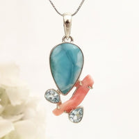 Riverine Pendant - Larimar, Coral & Topaz (11.32 gms)