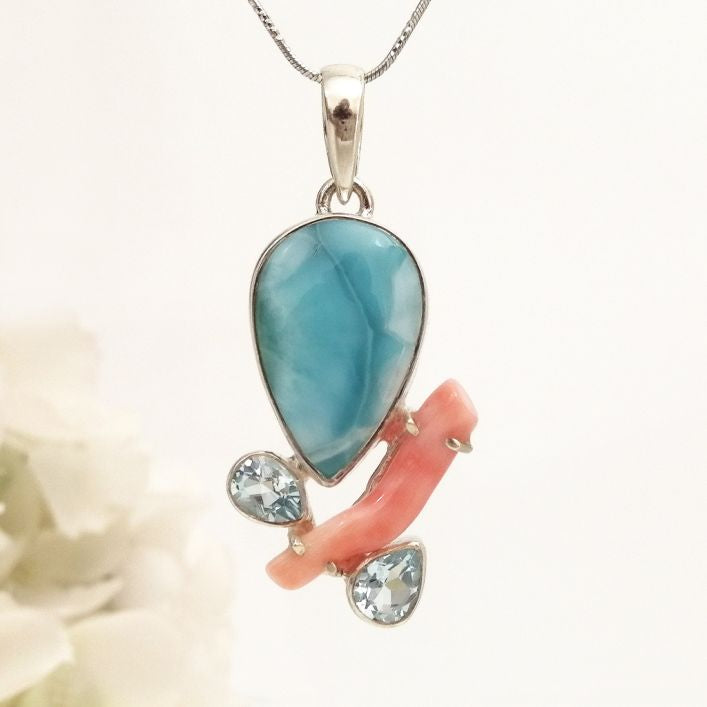 Riverine Pendant - Larimar, Coral & Topaz (11.32 gms)