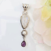 Moonstone Pendant in Amethyst & Pearl in 925 Silver by Nafisa Designs. Manchester UK. Free Global Shipping!