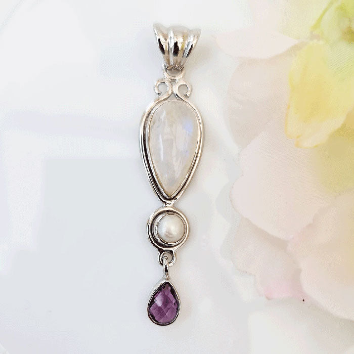 Moonstone Pendant in Amethyst & Pearl in 925 Silver by Nafisa Designs. Manchester UK. Free Global Shipping!