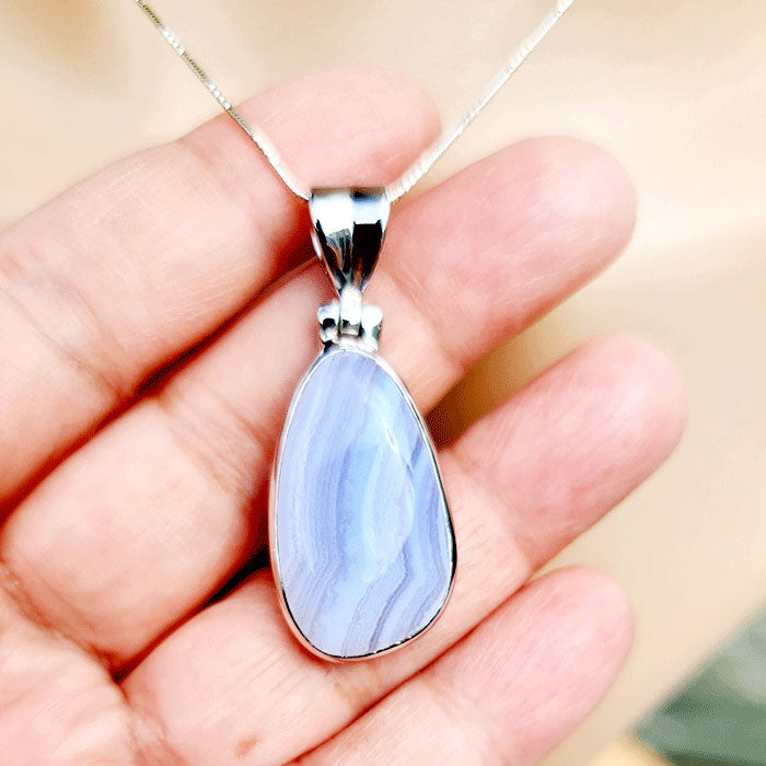 Blue Agate Pendant made in high-quality Silver ready available at Nafisa Designs. Manchester