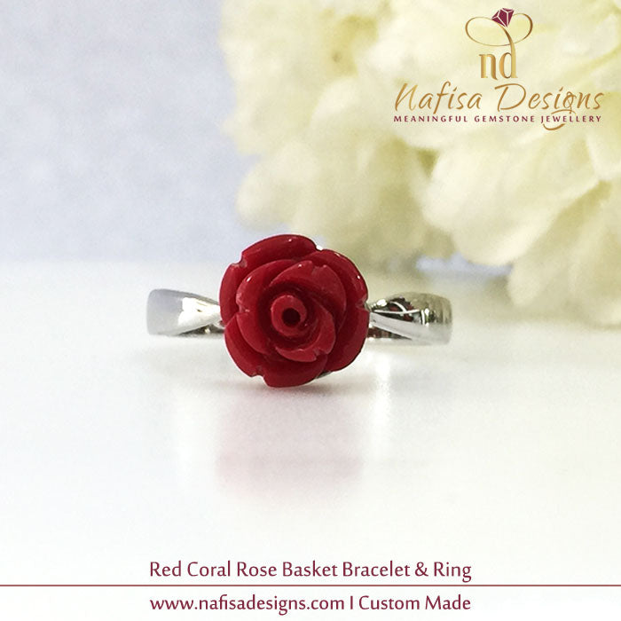 Red Coral Rose Basket Bracelet & Ring