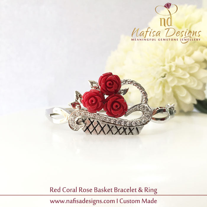 Red Coral Rose Basket Bracelet & Ring