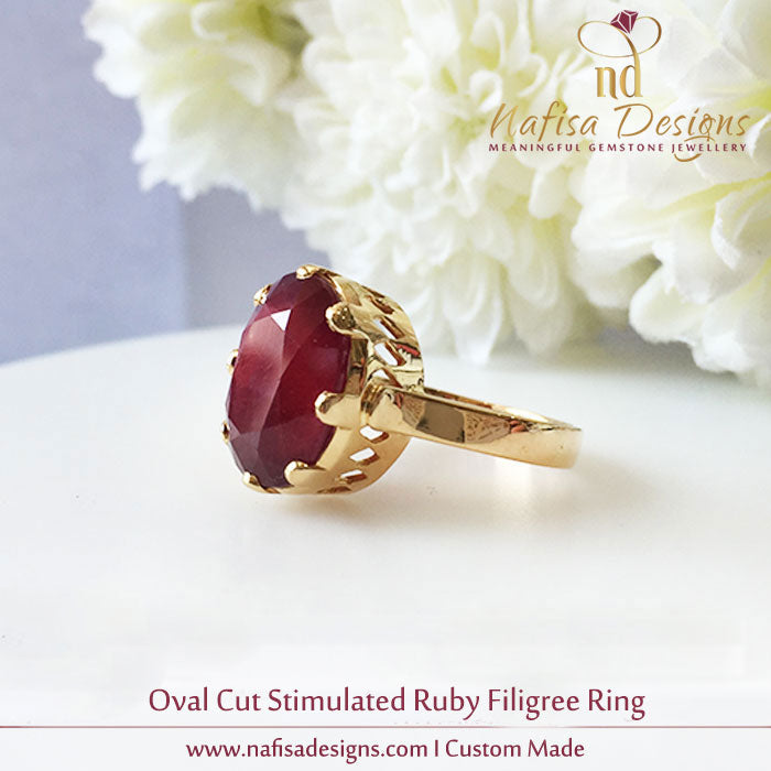 Oval Cut Stimulated Ruby Filigree Ring