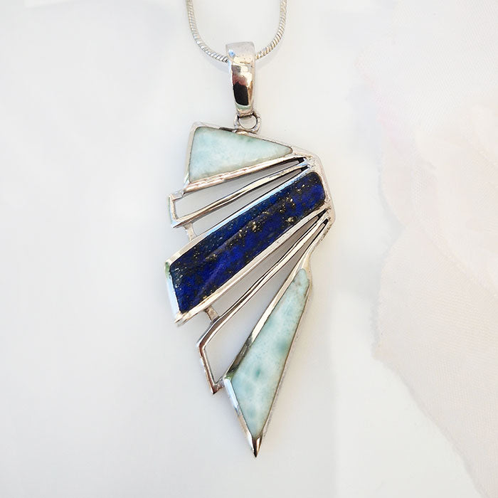 Lapis Lazuli & Larimar Pendant made in 925 Silver by Nafisa Designs. Manchester UK. Free Global Shipping!