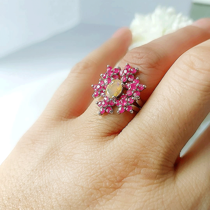 Ruby and Opal SunFlower Ring