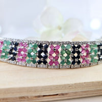 Radiant Jewel Bracelet in real natural original Emerald, Ruby & Blue Sapphire 925 silver for birthstone, party, or casual wear. lightweight, delicate, dainty designer jewelry
