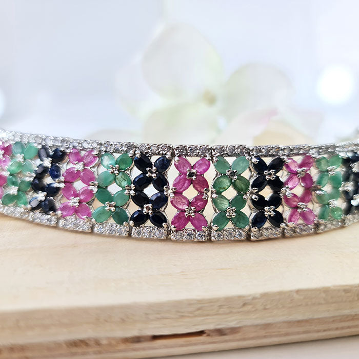 Radiant Jewel Bracelet in real natural original Emerald, Ruby & Blue Sapphire 925 silver for birthstone, party, or casual wear. lightweight, delicate, dainty designer jewelry
