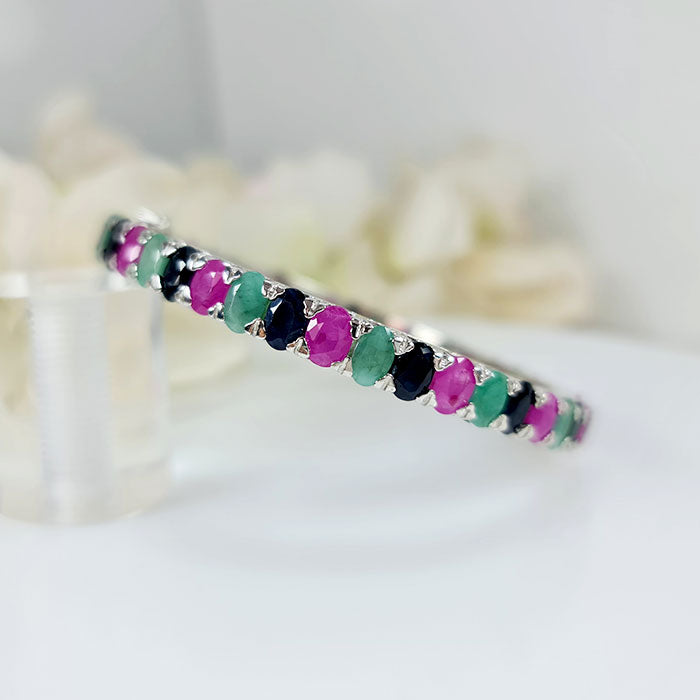 Jewels of the Orient Bracelet in real natural original Emerald, Ruby & Blue Sapphire, 925 silver for birthstone, party, or casual wear. lightweight, delicate, dainty designer jewelry