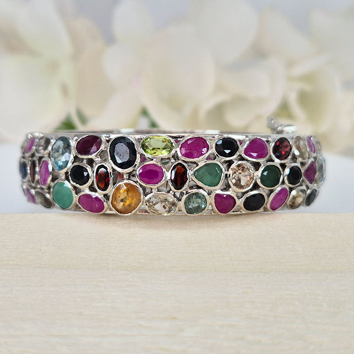 Vibrant Gemstone Cascade Bangle in real natural original Emerald, Ruby, Blue Sapphire, Citrine& Garnet 925 silver for birthstone, party, or casual wear. lightweight, delicate, dainty designer jewelry