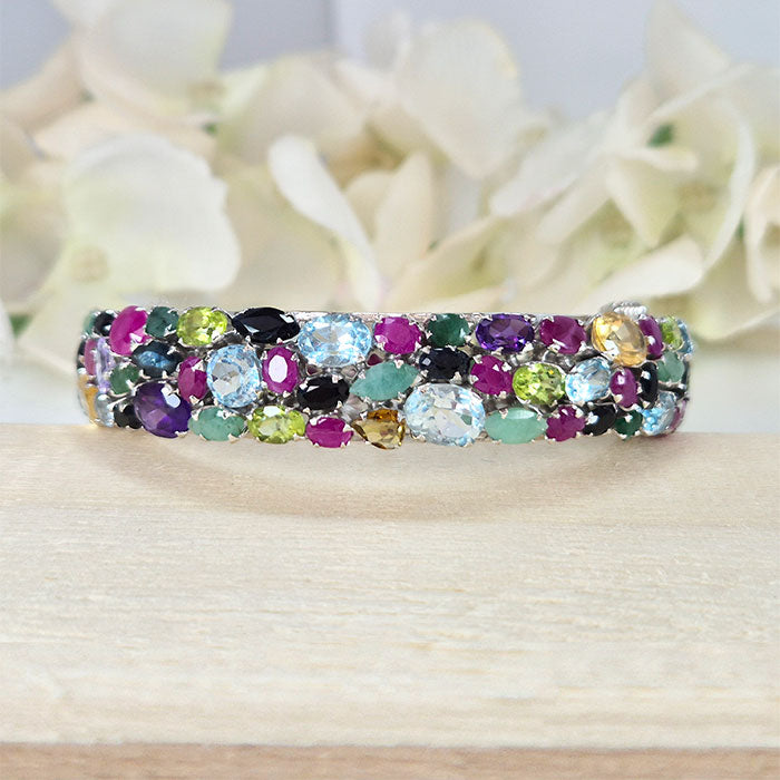 Rainbow radiance bangle in real natural original Emerald, Ruby, Blue Sapphire, Citrine, Peridot, Aquamarine & amethyst 925 silver for birthstone, party, or casual wear. lightweight, delicate, dainty designer jewelry