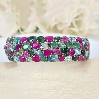 Mosaic Marvel Bangle in real natural original Emerald, Topaz & Ruby 925 silver for birthstone, party, or casual wear. lightweight, delicate, dainty designer jewelry.