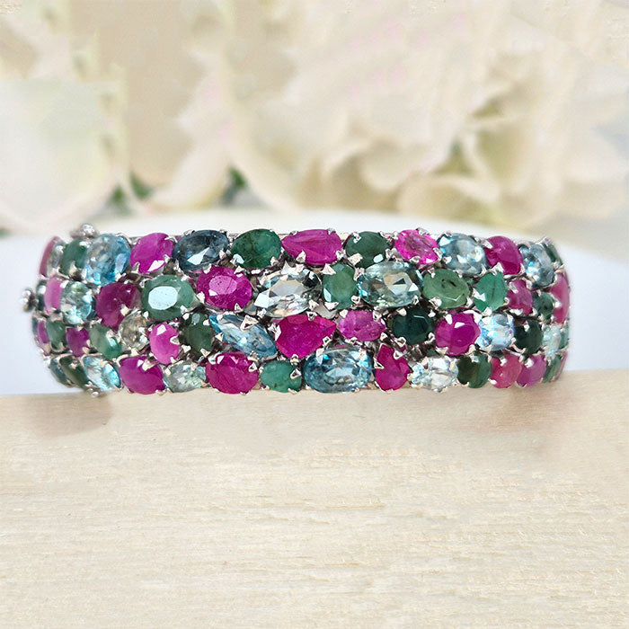 Mosaic Marvel Bangle in real natural original Emerald, Topaz & Ruby 925 silver for birthstone, party, or casual wear. lightweight, delicate, dainty designer jewelry.