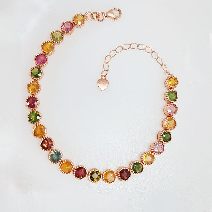 Enchanted Circular Bliss are made of original multi gemstones such as Peridot, Ruby, Topaz & Garnet in high-quality silver with rose gold plating for birthstone, party, and casual wear, lightweight, delicate, dainty designer jewelry.