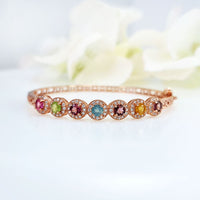 Elysian Round Bracelet in original and authentic Topaz, Tourmaline, Amethyst & Peridot made in high quality silver with rose gold plating for birthstone, party, and casual wear. lightweight, delicate, dainty designer jewelry.