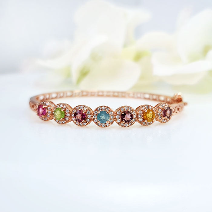 Elysian Round Bracelet in original and authentic Topaz, Tourmaline, Amethyst & Peridot made in high quality silver with rose gold plating for birthstone, party, and casual wear. lightweight, delicate, dainty designer jewelry.