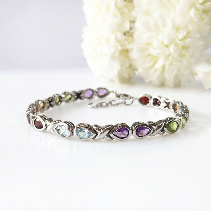 Pear Shape Multi Gemstone Bracelet - Amethyst, Peridot, Citrine, Garnet & Blue Topaz
