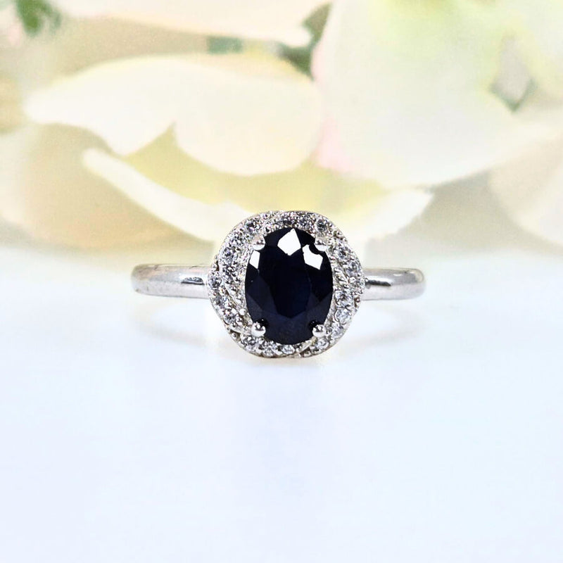 Front View of Authentic 925 sterling silver sapphire ring for women, featuring a deep blue gemstone. High-quality, original design symbolizing wisdom, strength, and power. Perfect for weddings, parties, and as a September birthstone gift
