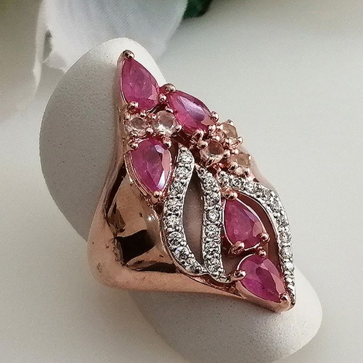 Winter Peacock Ring - Ruby, White Topaz
