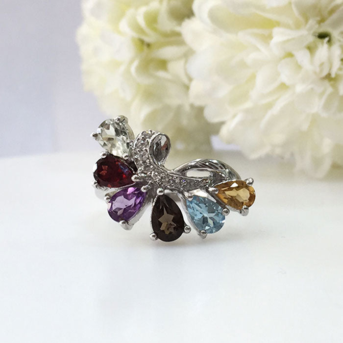 Clutch Muti-Gemstone-Ring - Citrine, Topaz, Smoky Topaz, Amethyst, Garnet