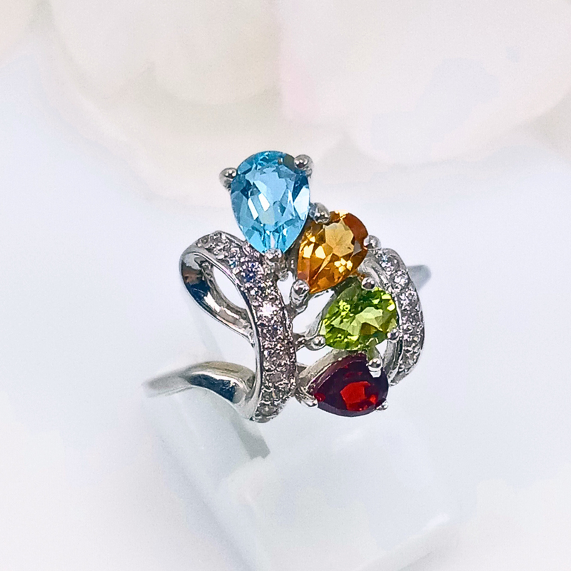 Swirling Ring - Garnet, Peridot, Blue Topaz & Citrine