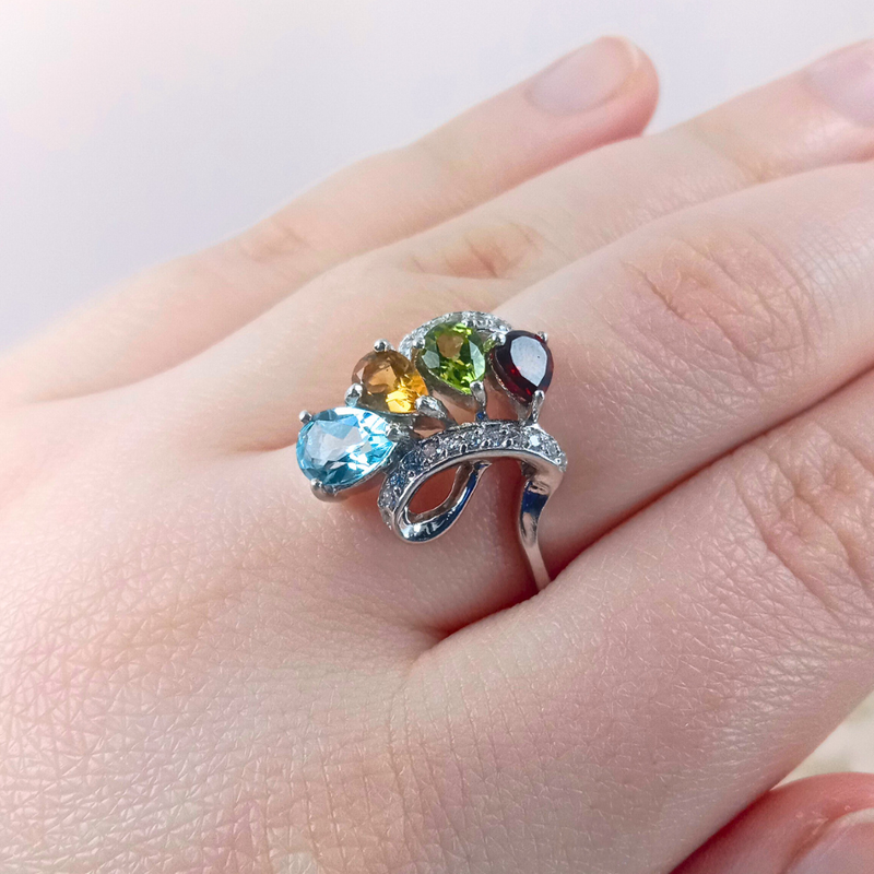 Swirling Ring - Garnet, Peridot, Blue Topaz & Citrine