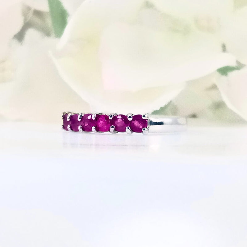 Women's Rosy Pink Ruby Ring in 925 Sterling Silver featuring six beautiful pink rubies in a sleek