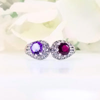 Front view of the Twilight Love Ring, showcasing the half-and-half design with a courageous Amethyst on the left and a passionate Ruby on the right, set in 925 sterling silver