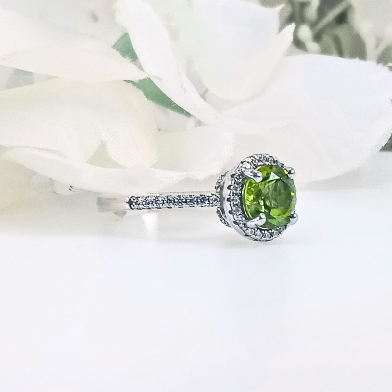 Perspective view of the Lush Lime Peridot Ring