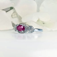 Front view of Women's Lalita Rose Pink Ruby Ring in 925 Sterling Silver featuring a petite beautiful pink ruby gem in a sleek