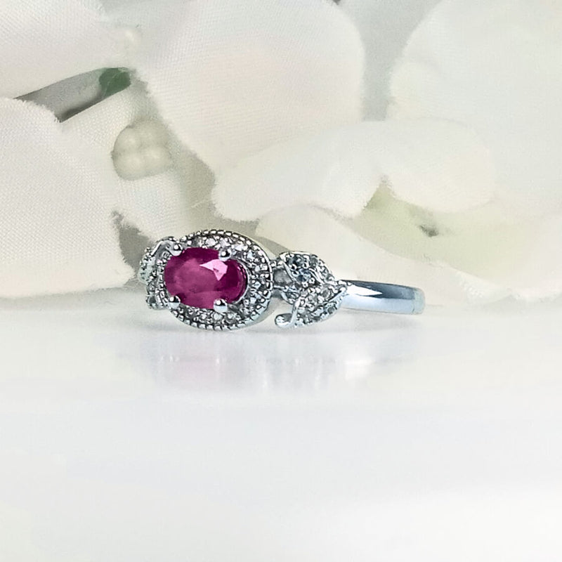 Front view of Women's Lalita Rose Pink Ruby Ring in 925 Sterling Silver featuring a petite beautiful pink ruby gem in a sleek