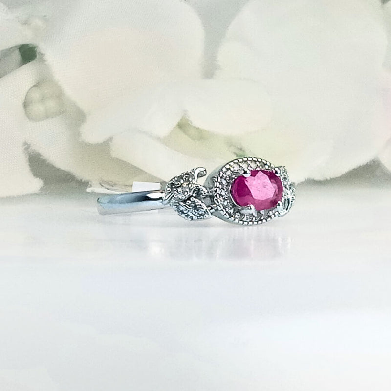 3/4 right angle of the Lalita Rose Pink Ruby Ring