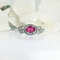 Front view of Women's Lalita Rose Pink Ruby Ring in 925 Sterling Silver featuring a petite beautiful pink ruby gem in a sleek, intricate royal design 