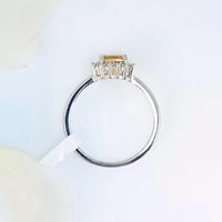 Perspective view of yellow citrine ring in 925 sterling silver