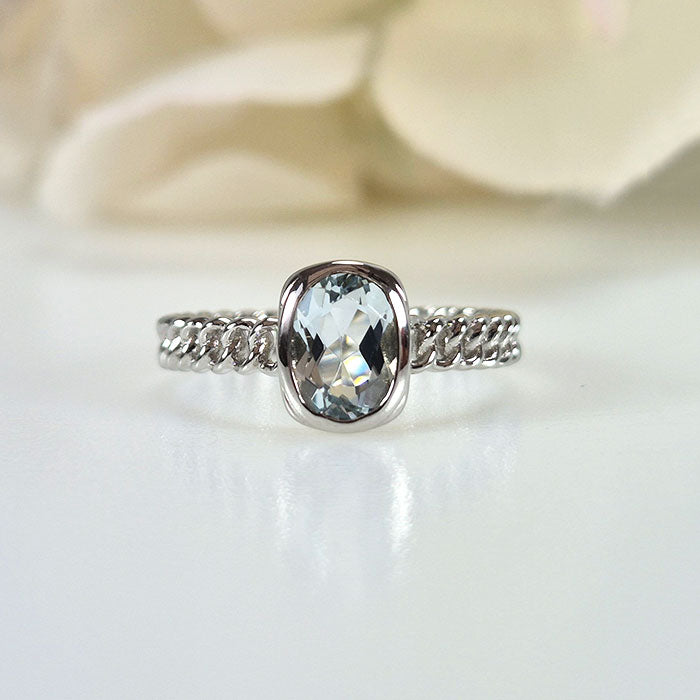 Cuban Link Ring in original and authentic Aquamarine in 925 silver for birthstone, party, or casual wear. lightweight, delicate, dainty designer jewelry
