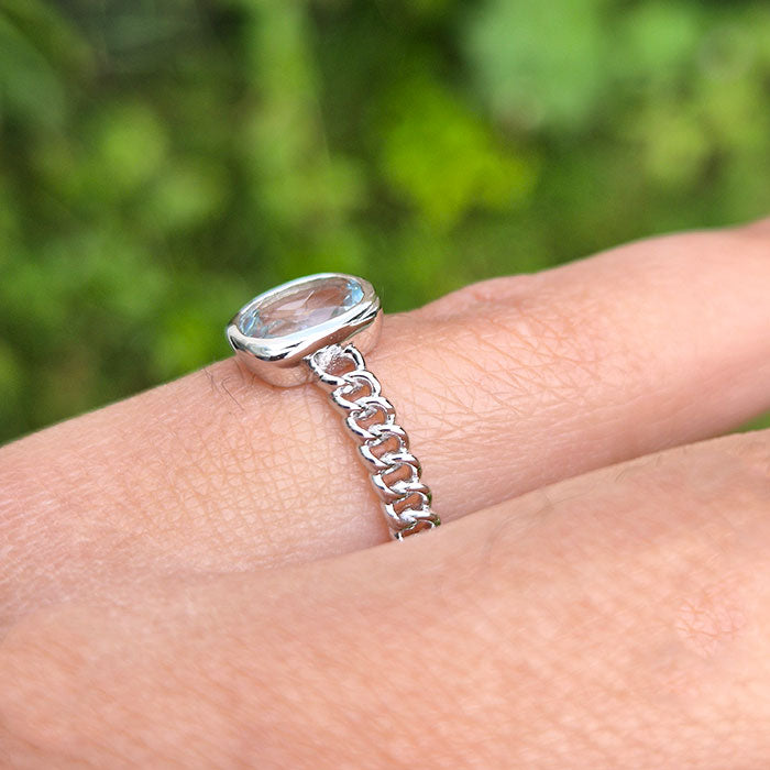 Cuban Link Ring in original and authentic Aquamarine in 925 silver for birthstone