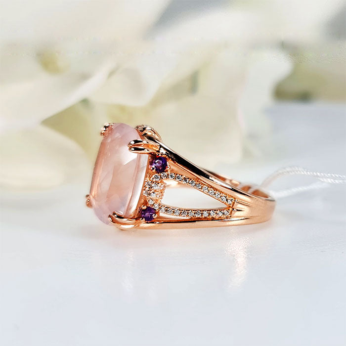 Pink Serenity Ring in authentic and original  Rose Quartz & Amethyst in high-quality silver with rose gold plating for birthstone